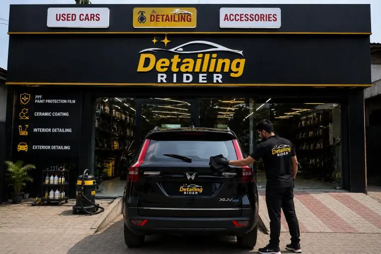 SUV parked in a bay at the DetailingRider studio entrance